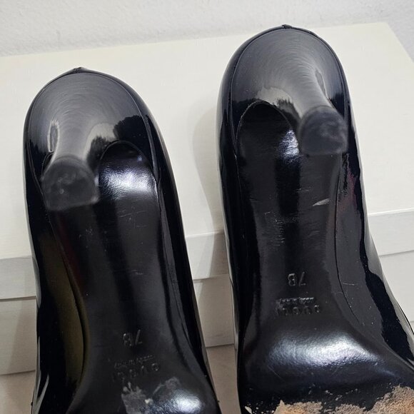 Pre-Owned GUCCI Womens Black Polished Leather Pump Heels Size 7B - Picture 5 of 11